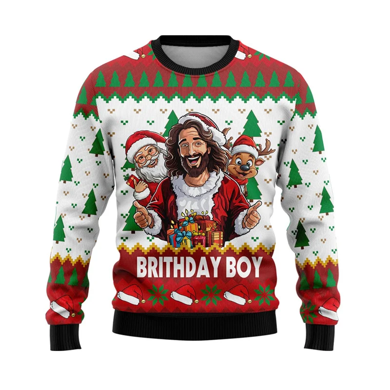 2024 Christmas Jesus Graphic Sweatshirts Fashion Holiday Crewneck Sweatshirt Christianity Unisex Sweater Casual Men Polyester