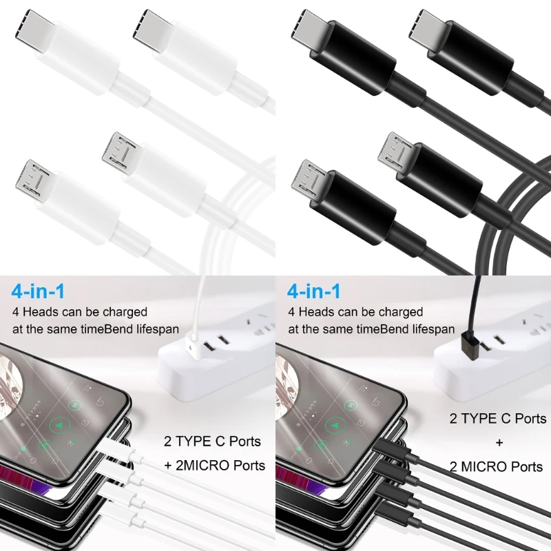 4-Way USB Charging Cable, Portable 1 in 4 Out Multi-port Charge Cord USB to 2x Type-C+2x Micro Power Extension Wire Line K1KF