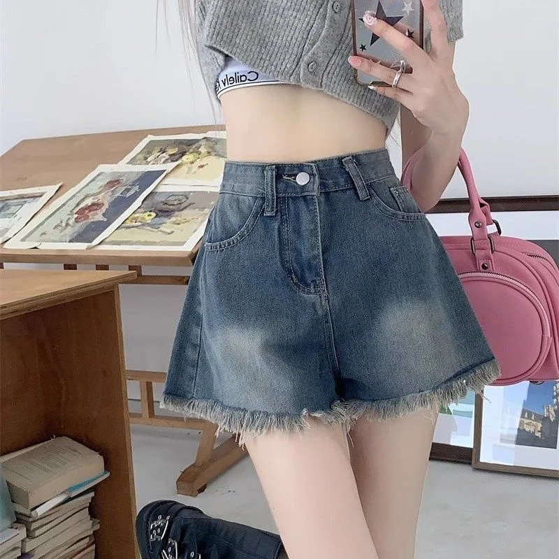 

High Waist A-Line Wide Leg Jeans Shorts Women's Summer Slim Fit Straight Cut Blue Cotton Polyester Blend Comfortable Casual S...
