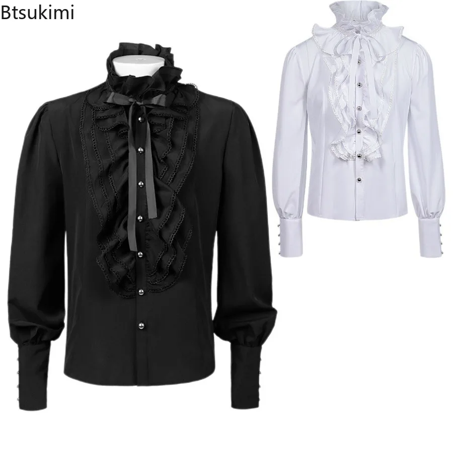 Men's Fashion Retro Gothic Shirts And Blouses Victorian Medieval Ruffle Pirate Puff Sleeve Solid Black Tops Shirt Men Clothing