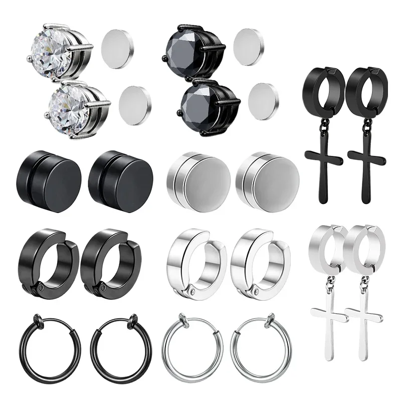 Aço inoxidável Non-Piercing Magnético Stud Earrings Set para Homens e Mulheres, Unisex CZ Magnet Ear Close Clip, Punk Hip Hop Earring, 10 Pares