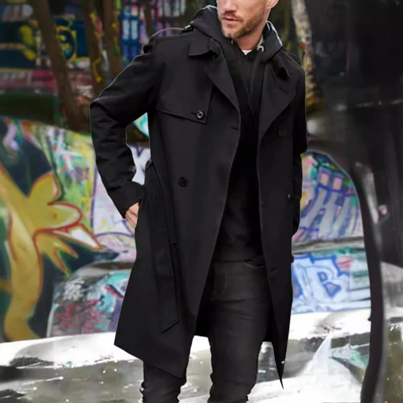 Autumn Winter New Solid-color European American Long-sleeved Trench Coat Men's Lapel Slim-fitting Double-breasted Casual Coat