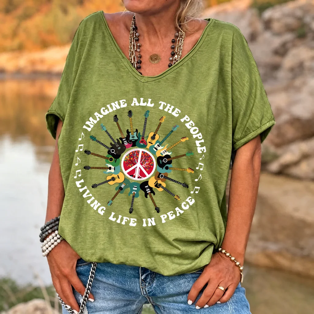 Ilstile Women's Imagine All The People Guitar Peace T-Shirt Retro Hippie Music Print V-Neck Loose Fit Casual Summer Top