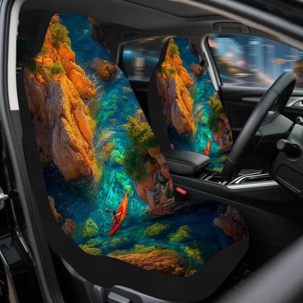 2pcs Kayaking Between Orange Cliffs Themed Car Seat Cover Set – High-Quality Full Set For Most Cars, Fit, Durable And Stylish F