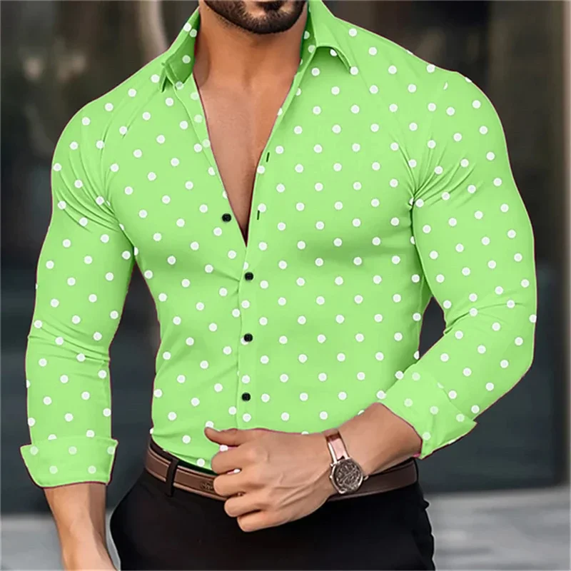 Hawaiian men\'s shirt small polka dot lapel long sleeve shirt luxury high quality clothing designer design stylish casual