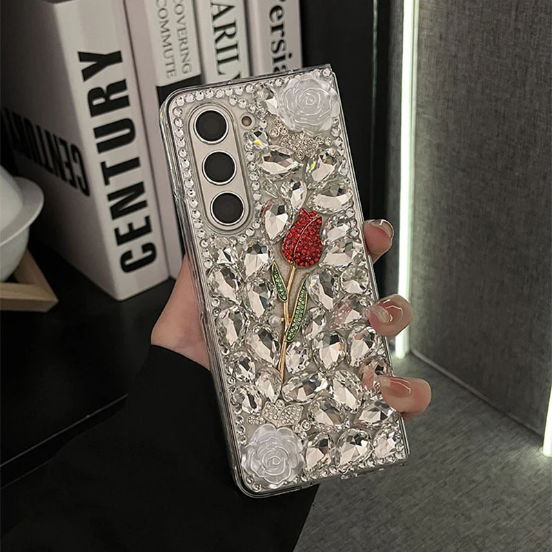 

Роскошный чехол ручной работы со стразами и розами для Samsung Galaxy Z Fold 7, 6, 5, 4, 3, 2, блестящий кристалл, жесткий прозрачный чехол для ПК