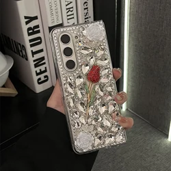 Handmade Luxury Rhinestone Rose Flower Case For Samsung Galaxy Z Fold 7 6 5 4 3 2 Glitter Waterdrop Crystal Hard Clear PC Cover