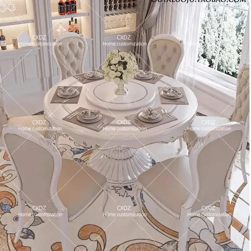 French Style Solid Wood Dining Table Round Carved Flower Design 1.5m with Turntable and 1.35m All Solid Wood Chairs European