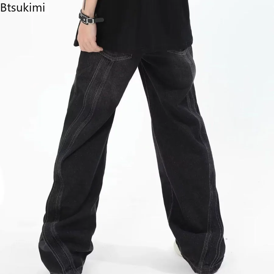 New Men's Wide-leg Jeans Retro High Street Loose Casual Trousers Distressed Washing Denim Pants Fashion Straight Long Pants Male