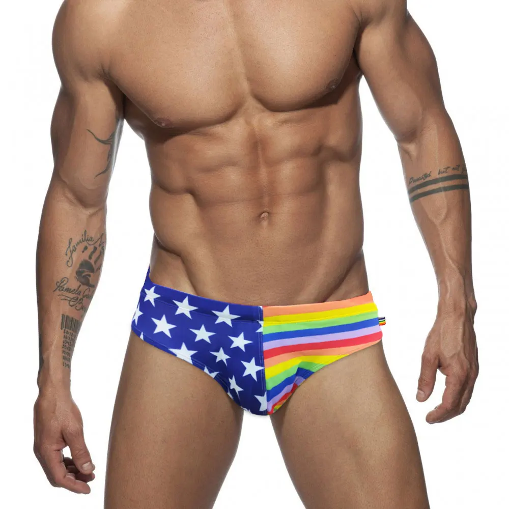 Men\'s Swim suit Wear Briefs Swimming Push-Up Sexy gay Bikini Swimsuit Beach Short RainBow Star Surfing trunks men bathing suit