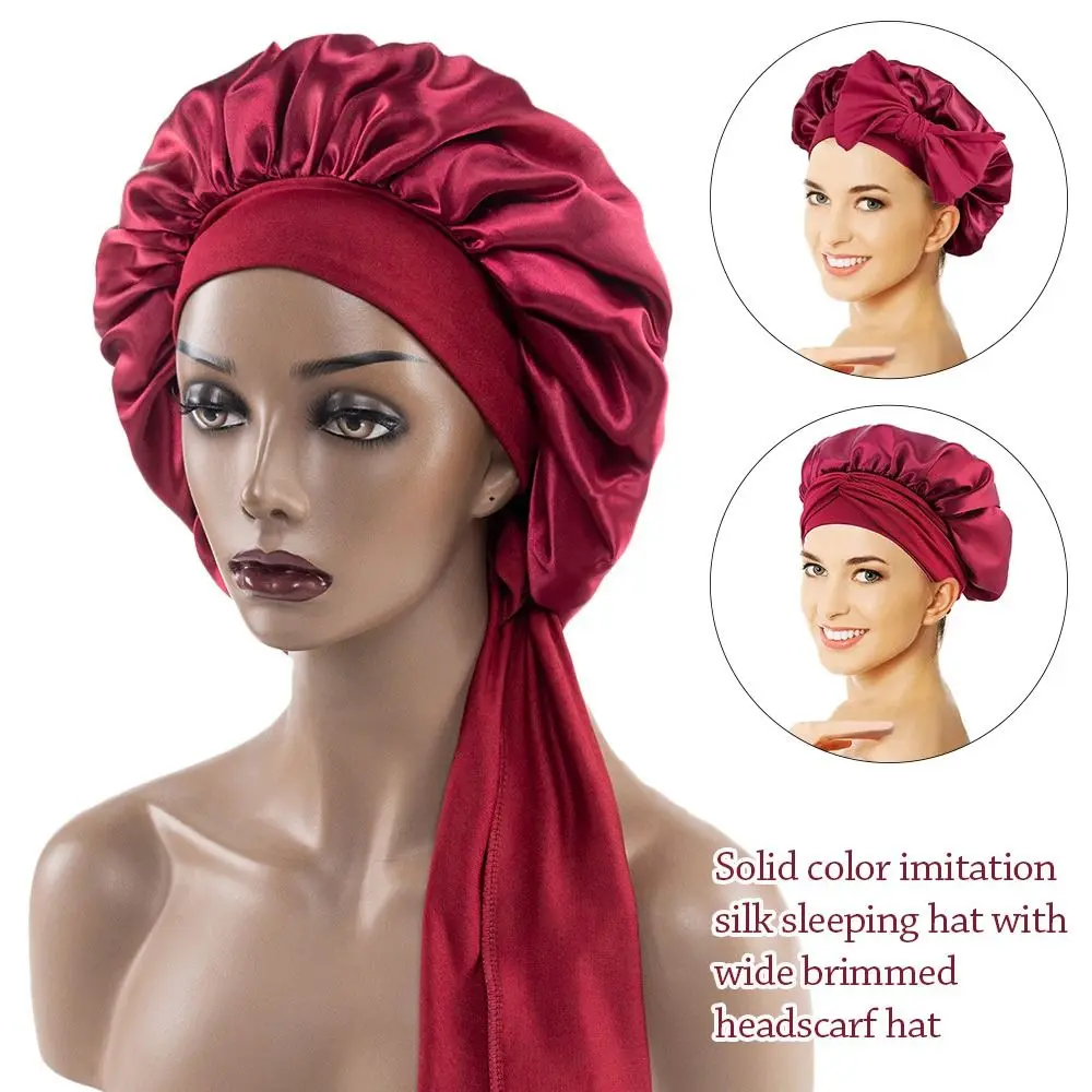 ผ้าโพกหัวปรับได้ผ้าโพลีเอสเตอร์สำหรับผู้ชายและผู้หญิงผ้าคลุมหัวผ้ายีเอสเตอร์ Topi Bonnet ซาตินผ้าไหมแฟชั่น