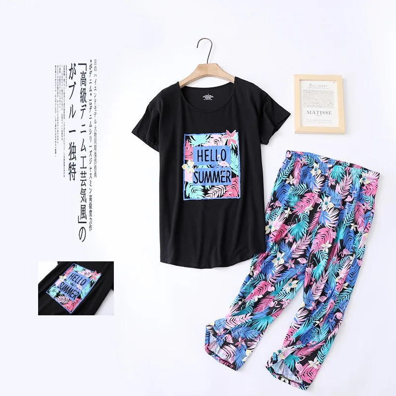 New Plus Size Knit Pajama Sets for Women Short Sleeve Dress Cropped Pants Sleepwear Suit Homewear 2pcs
