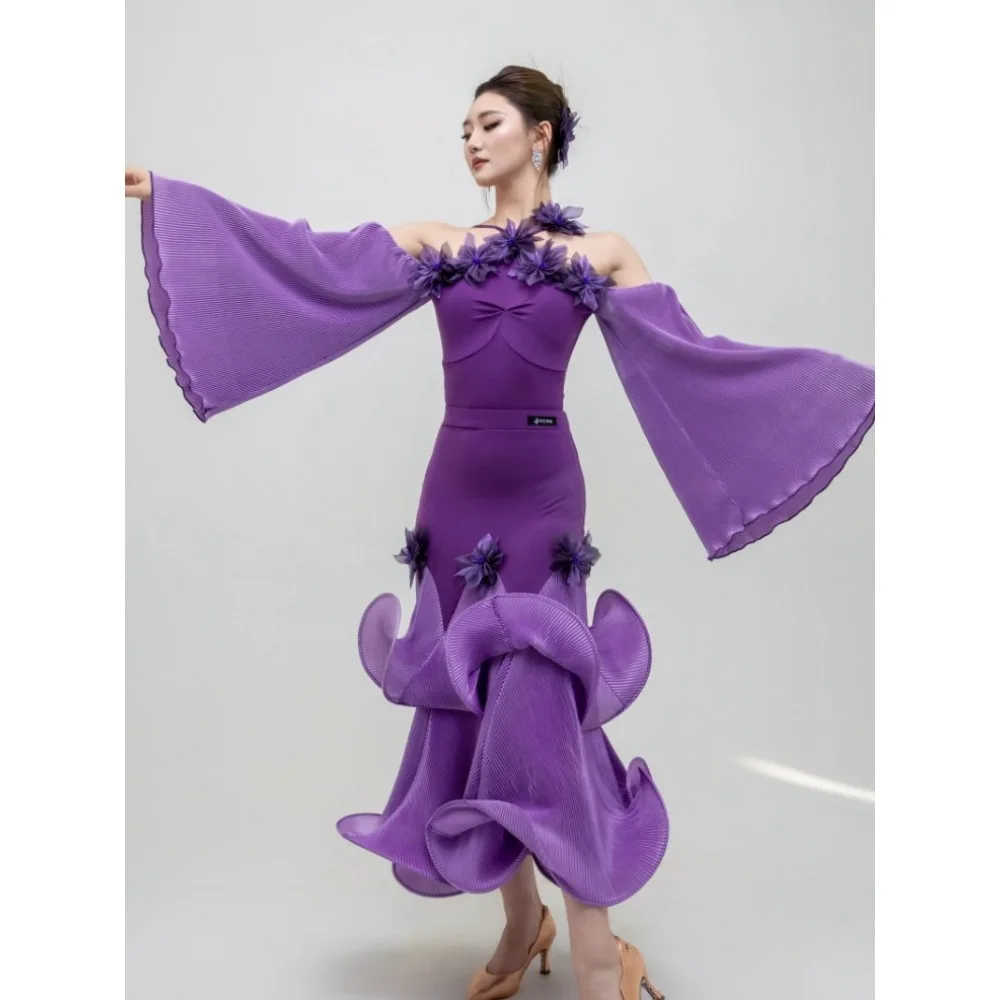 Modern Dance Performance Costume for Women Customized Long Sleeves Dress National Standard Waltz Tango Dance Competition Dresses