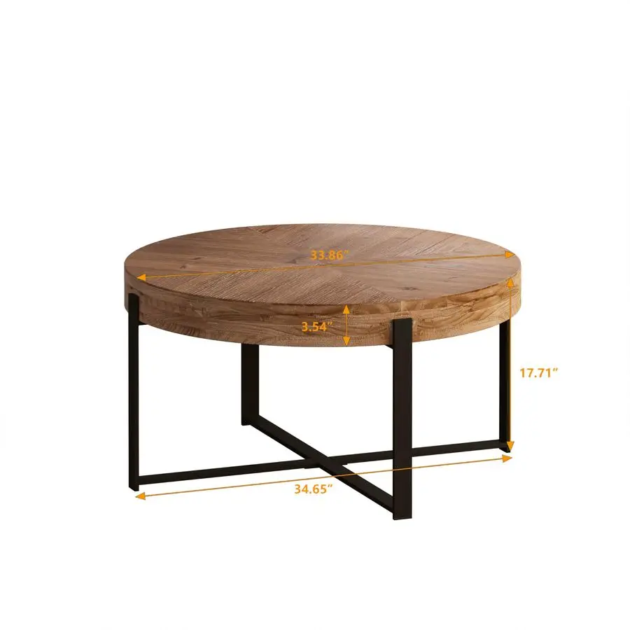

Modern Round Coffee Table Simple Design Table with Wood Grain Splicing Table Top and Black Durable Metal Cross Legs Base for Hom