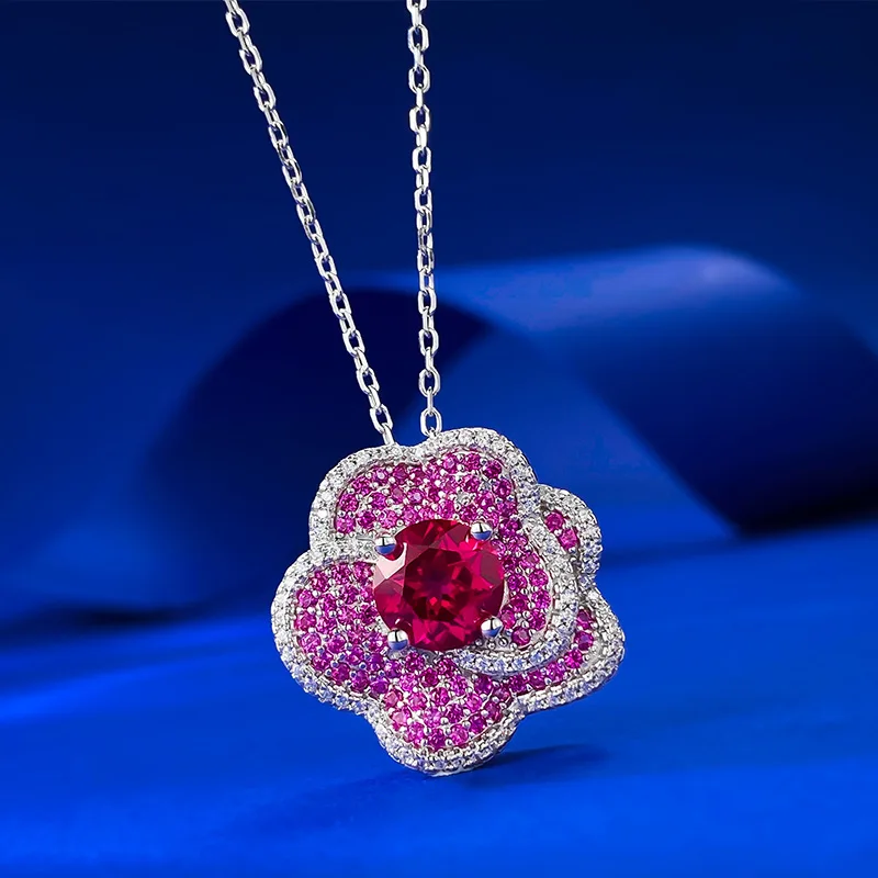 S925 Sterling Silver New Pigeon Blood Red Flower Necklace Women's Rose Petals Fashion Versatile Pendant Hot Selling