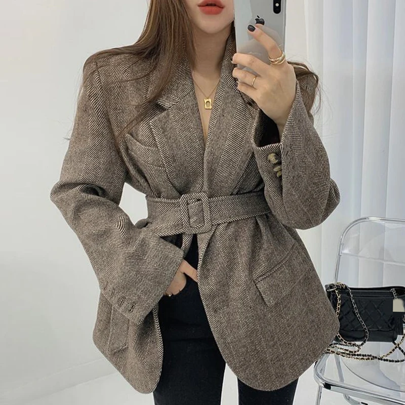 Retro Chic Autumn Winter Tweed Suit Jacket Women's Belted Slim Fit Notch Collar Short Coat Korean Style Long Sleeve Regular L...