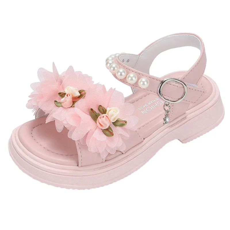 Sandálias de couro princesa feminina, sapatos de flores infantis, estilo francês, chique, festa de casamento, moda verão, novo, 2024