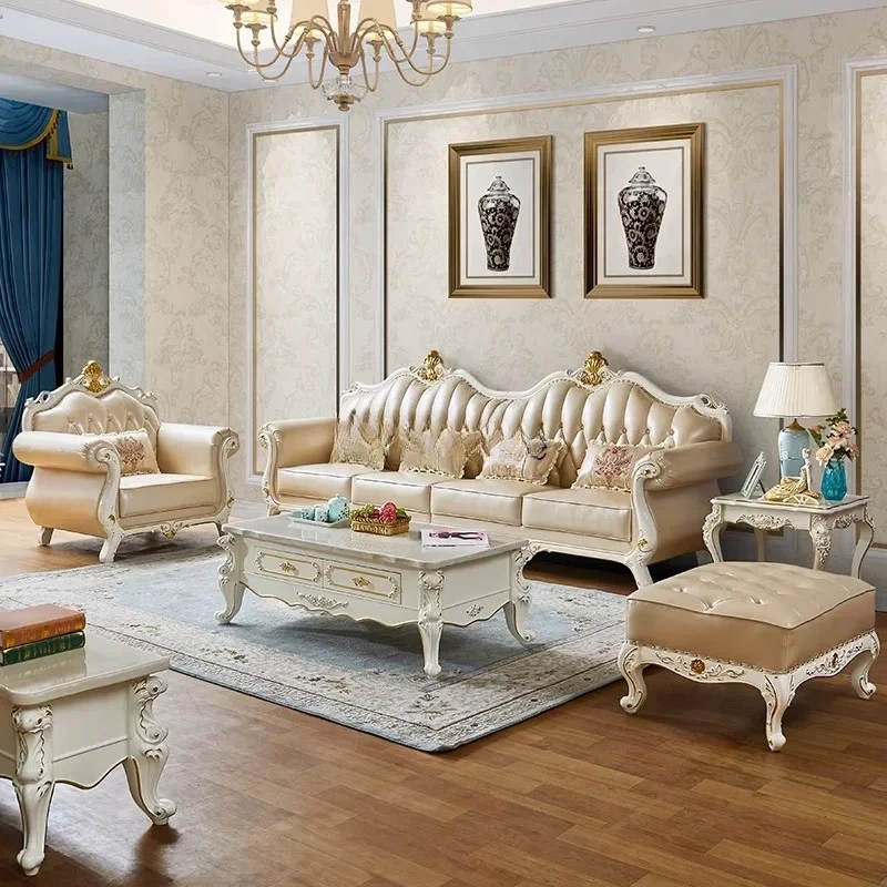 

leather four luxury large villa full solid wood carving flower sofa FT