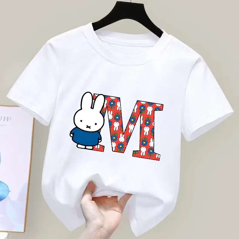 

Miffy Cute T-shirts Summer Unisex Short Sleeves Cartoon Anime Pattern Letter A-Z Printed T-Shirt Comfortable Breathable Tee Gift
