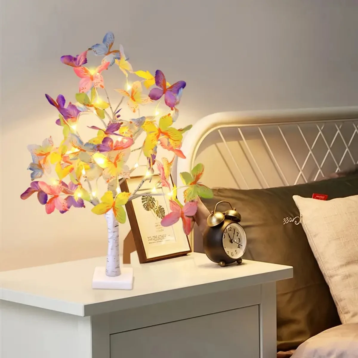 1Pc 23.62inch Colorful Butterfly Artificial Birch Tree Lights With 24 LED Warm Lights Battery&USB Powered Ornaments Desktop Lamp