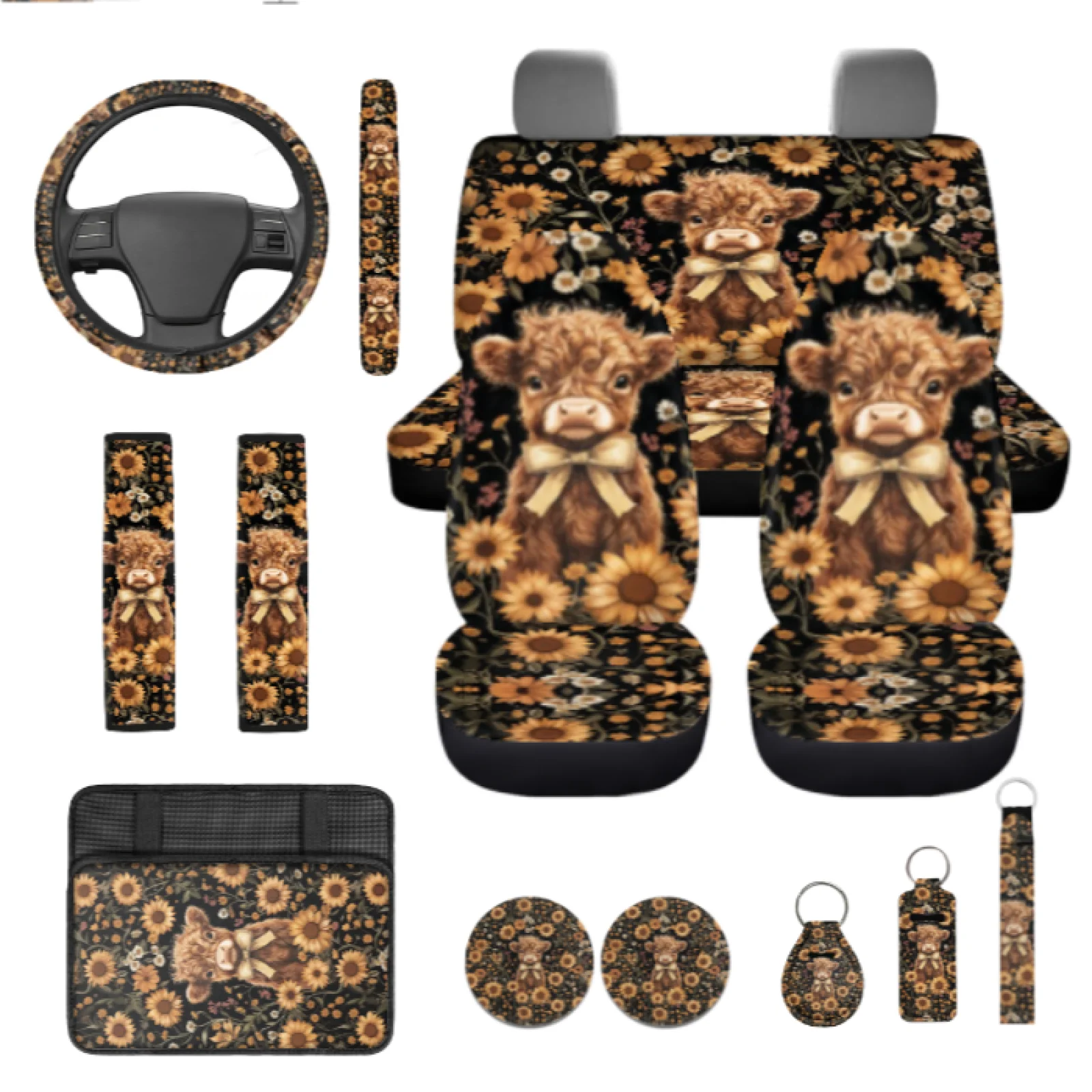 Coloranimal Highland Cow 13 PCS Car Seat Cover Set with Scratch-Resistant Lip Balm Pouch and Coasters for SUV