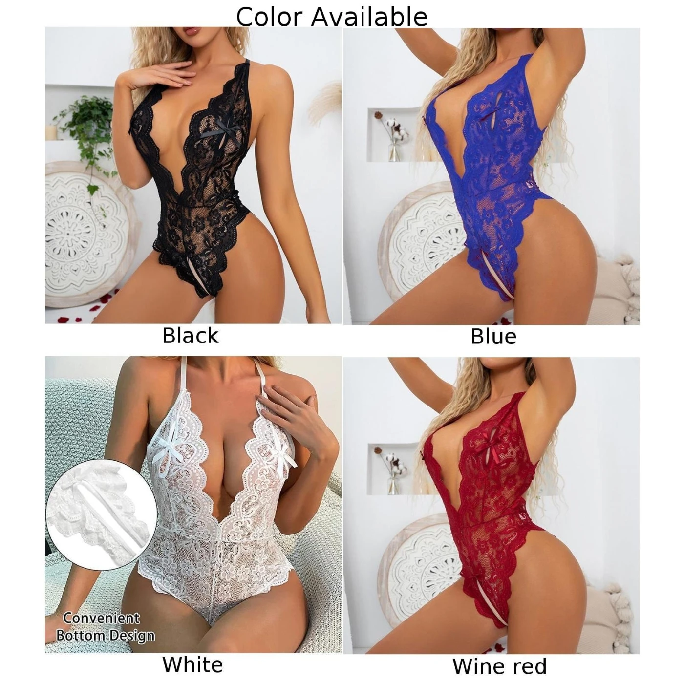Body Sexy de encaje transparente para mujer, mono con entrepierna abierta, lencería con cuello en V profundo, ropa de dormir erótica con espalda descubierta coqueta