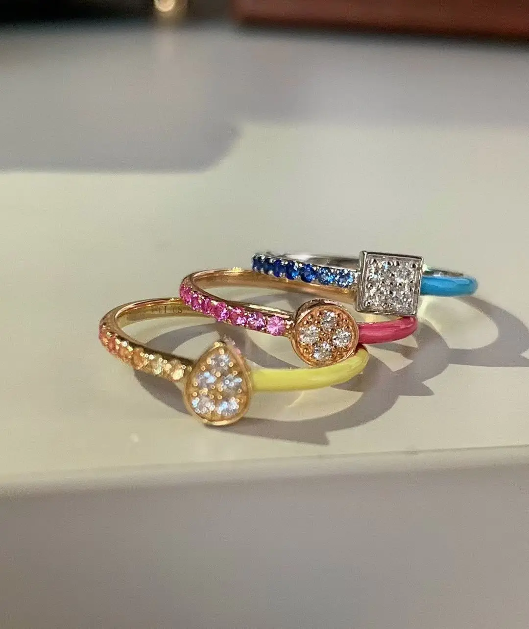 

Sweet 925 Silver Candy Color Enamel Moissanite Finger Band Natural Gemstone Blue Pink Gradient Ring Women Fancy Elegant Jewelry