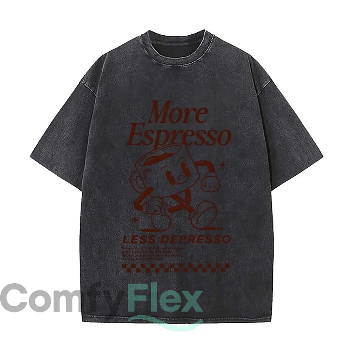 More Espresso Less Depresso Coffee Club Character Graphic Washed Short Sleeve Loose Streetwear Tee Hip Hop