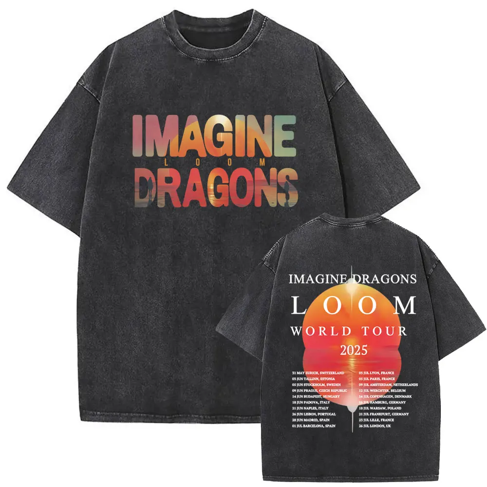 

Vintage Washed T-shirt Rock Band Imagine Dragons Loom World Tour 2025 Tshirt Men Women Gothic Oversized Short Sleeve T Shirts