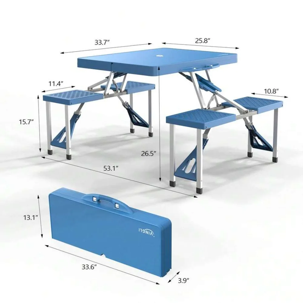 4 Ft Folding Camping Picnic Table Set with 4 Seats, Umbrella Hole, Aluminum Frame, 220 Lbs Capacity, Portable Suitcase Design, Plastic Tabletop for BBQ, Travel, Outdoor Gathering - view 3