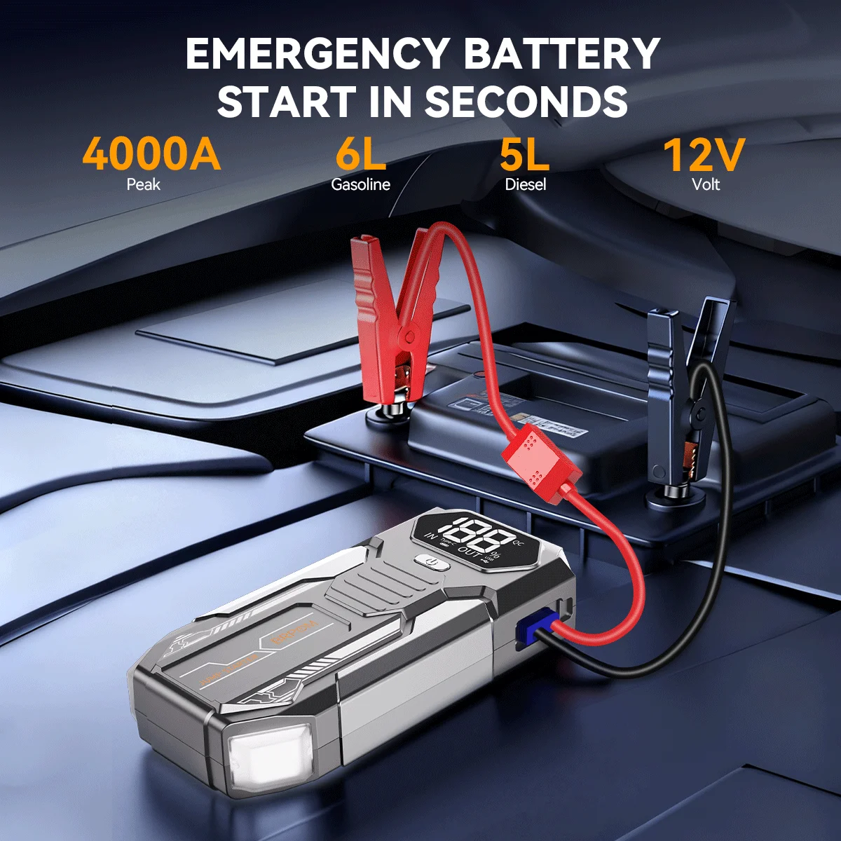 Auto-Starthilfegerät, Starthilfe-Batteriepack für 6,0L Benzin und 5,0L Diesel, 12V Tragbare Starthilfebox mit LED-Licht – Detail 4