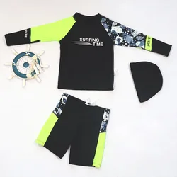 3 pezzi nuovo costume da bagno da ragazzo protezione solare UPF 50 + costume da bagno a maniche corte con cappello diviso per bambini costumi da bagno fluorescenti