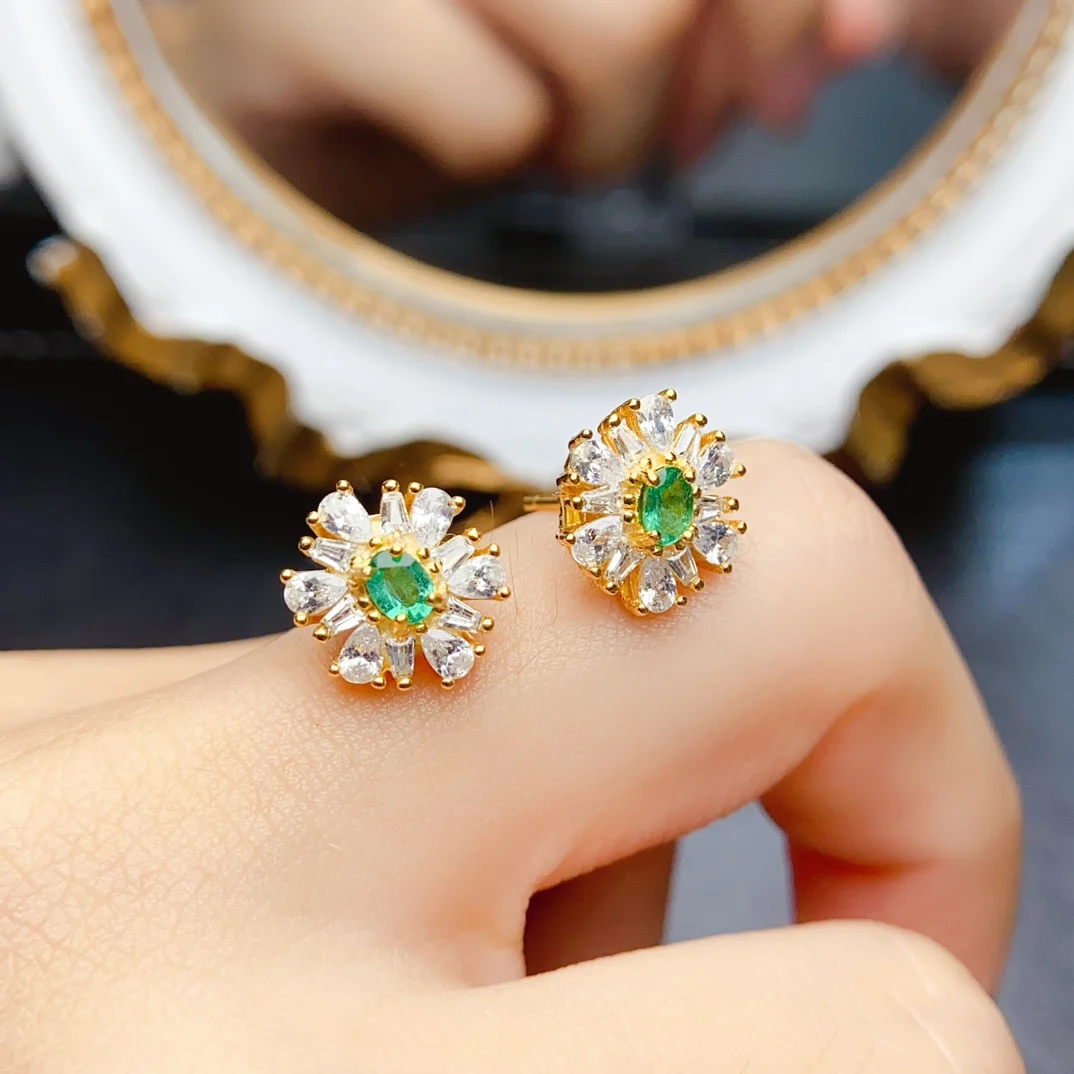 FS 3*4mm Natural Emerald S925 Sterling Silver Earrings for Women Fine Charm Weddings Jewelry with Certification Christmas Gift