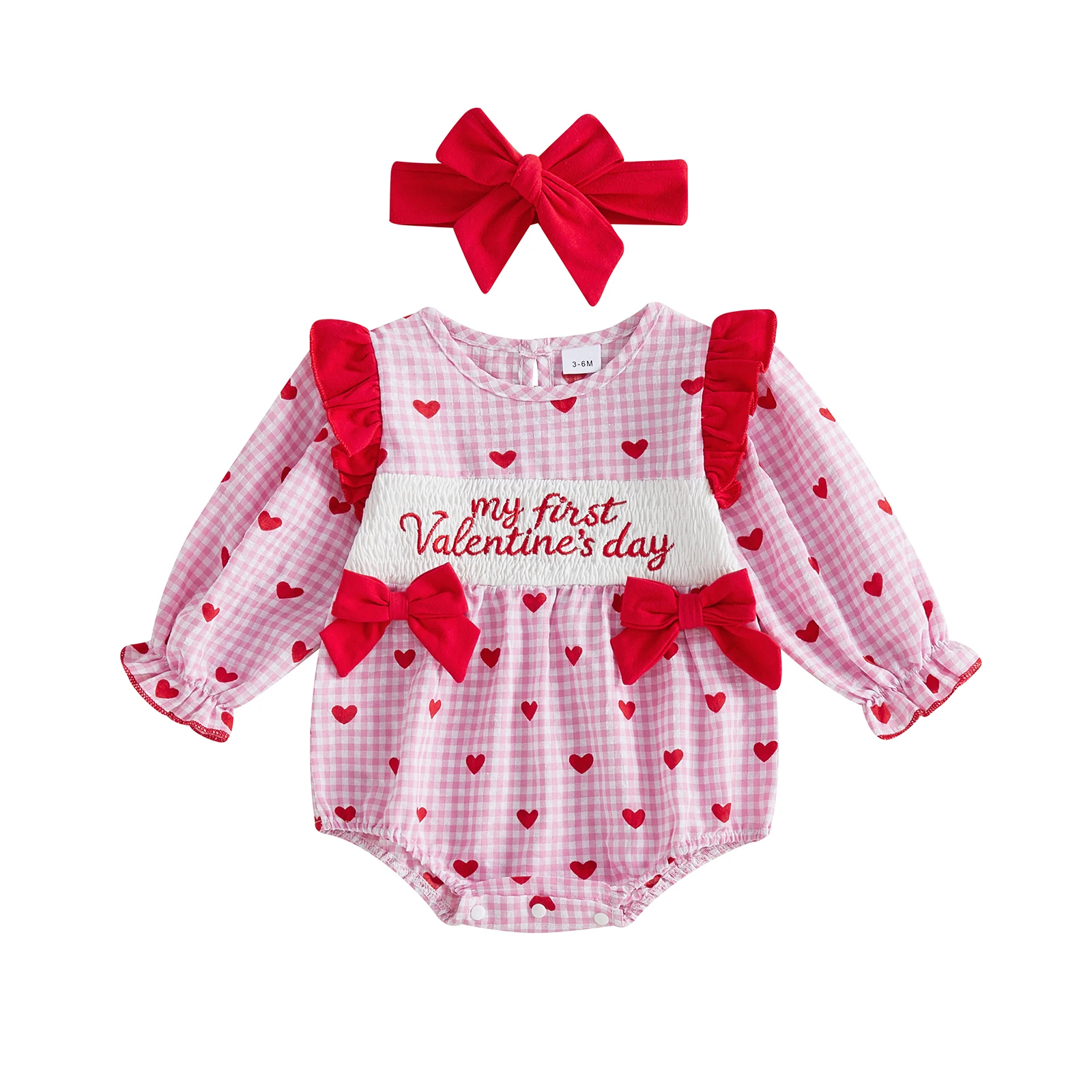 2Pcs Infant Girl Valentine's Outfit Long Sleeve Crew Neck Letters Embroidery Heart Print Romper and Headband Set 0-18M