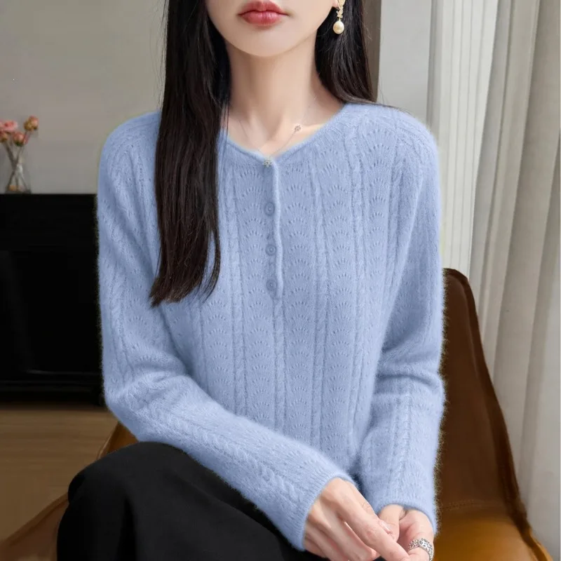 Women French V Neck Hollow Out Jacquard Knit Cardigan Single Breasted Loose Soft Layering Sweater