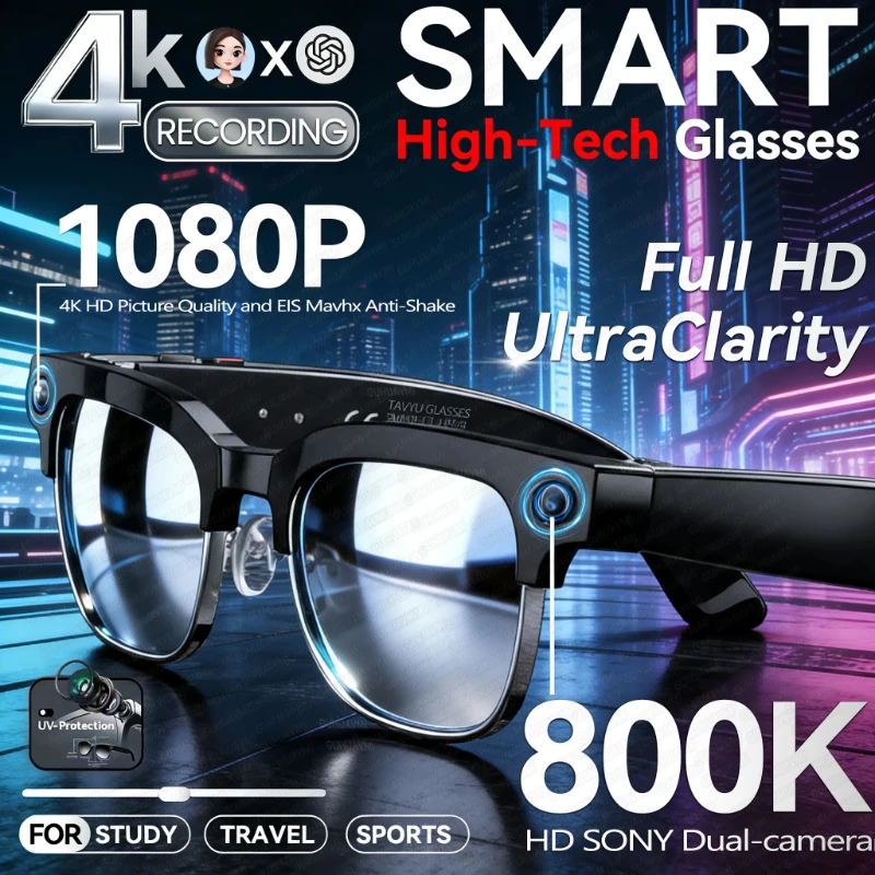 

Умные очки AI, 4k HD 800 Вт, камера 1080P, солнцезащитные очки для съемки видео, перевод языка, WIFI, музыкальный плеер, очки для звонков