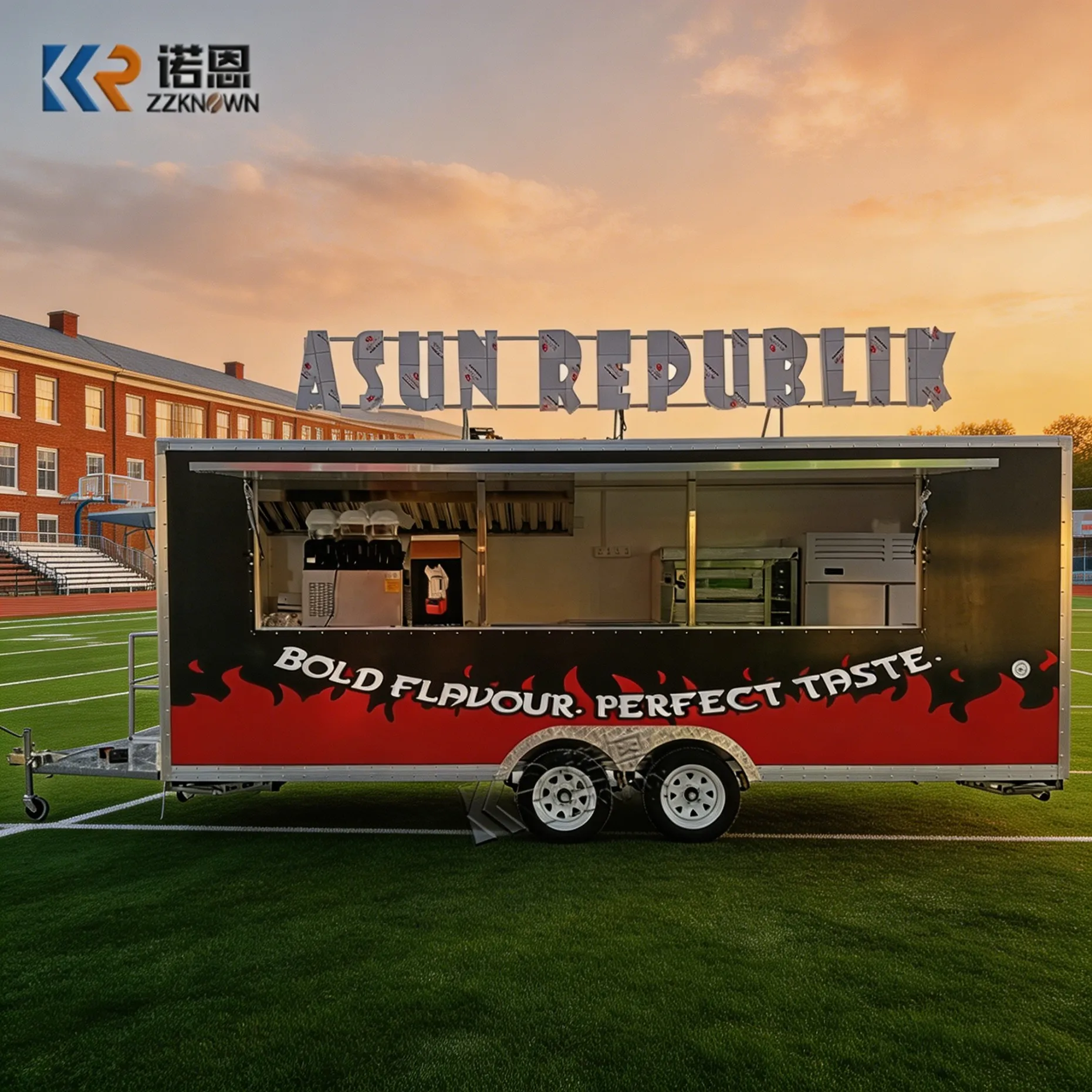 

Mobile Stainless Steel Kitchen Food Trailer for Commercial Catering Use with Serving Windows