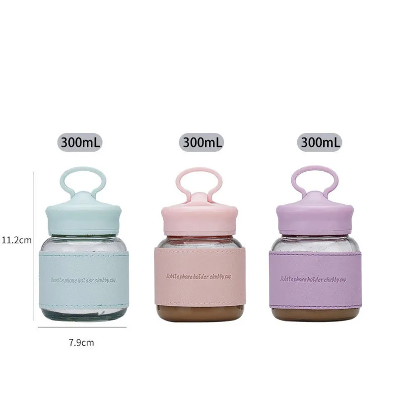 300ml Glass Water Bottle Cute Kawaii Mini Glass Cup With Insulative Sleeve Phone Holder Cup with Handle Drinking Bottles