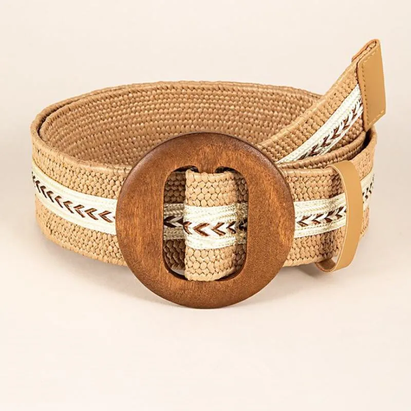 Spring/summer Patchwork Round Wood Buckle Women Belt Fashion Female Braided Wide Belts Designer PP Straw Woven Girls Waistband