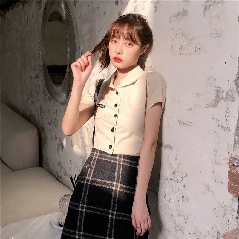 

Рубашки женские однобортные укороченные топы повседневный модный дизайн милый топ летний с коротким рукавом Mujer Harajuku универсальные студенческие