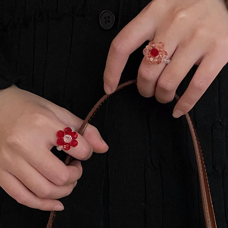 Japanese And Korean Ins Popular Elements Handmade Beaded Flower Elastic Rope Ring Niche Ghost Horse Girl Spirit Dynamic Ring