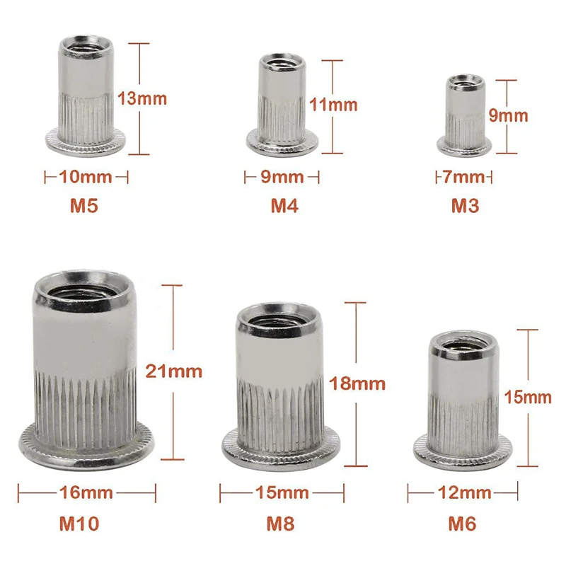 165PCS 304 Stainless Steel Flat Head Vertical Threaded Riveted Nuts Kit M3 M4 M5 M6 M8 M10 Insert Nutsert Cap Rivet Nut