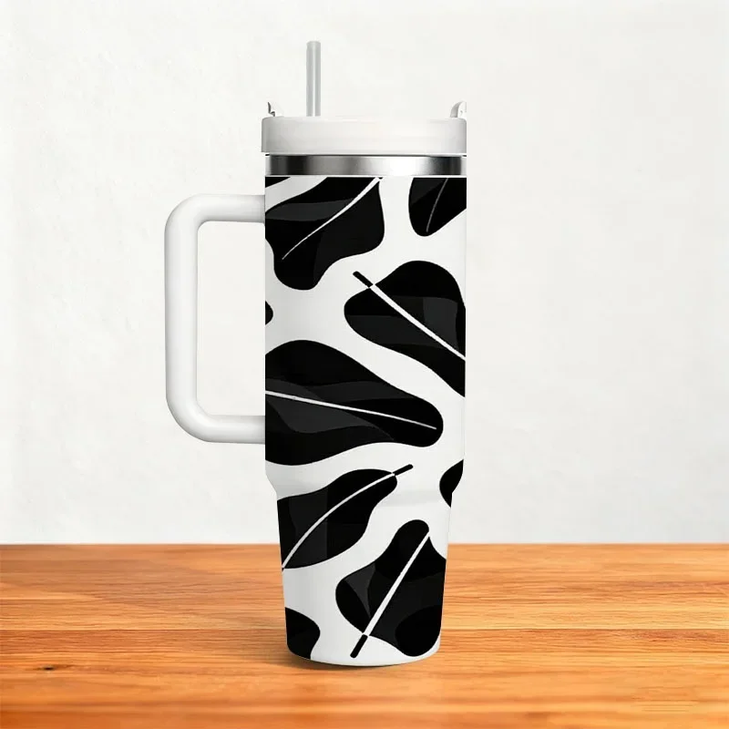 40oz Stainless Steel Insulated Tumbler, Minimalist Stylized Black Leaf Digital Print on White Background, Reusable Beverage Container for Keeping Drinks Hot or Cold, Ideal for Daily Commute, Outdoor Travel & Office Use