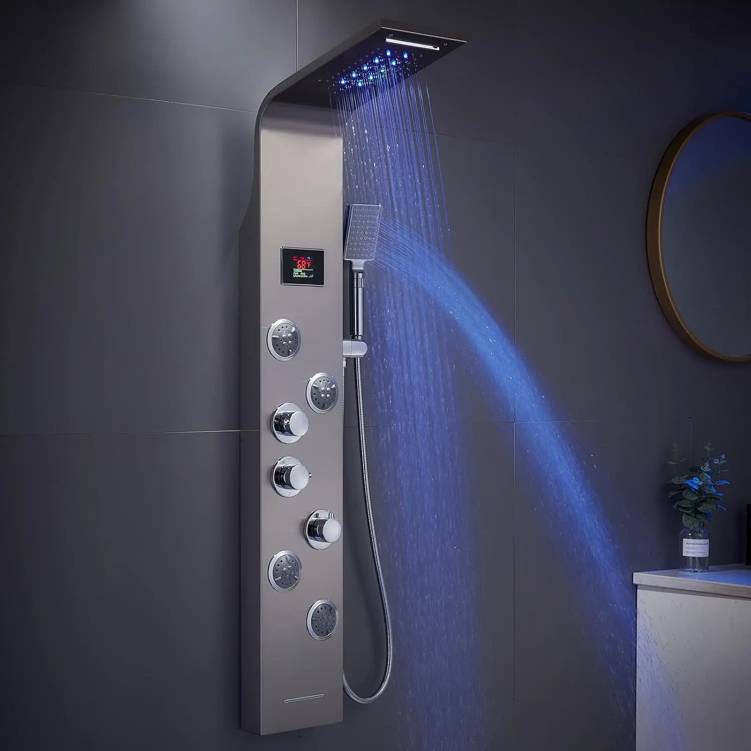 6-in-1LED Rainfall Waterfall Shower Panel Tower System with 2Mode Powerful Body Jets Multi-function Stainless Steel Shower Tower