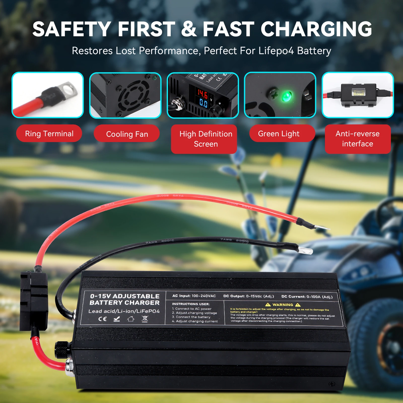 12V LiFePO4 baterie 60A 100A s antireverzním zapojením, nastavitelné napětí a proud, rychlá nabíječka s velkým displejem - náhled 6