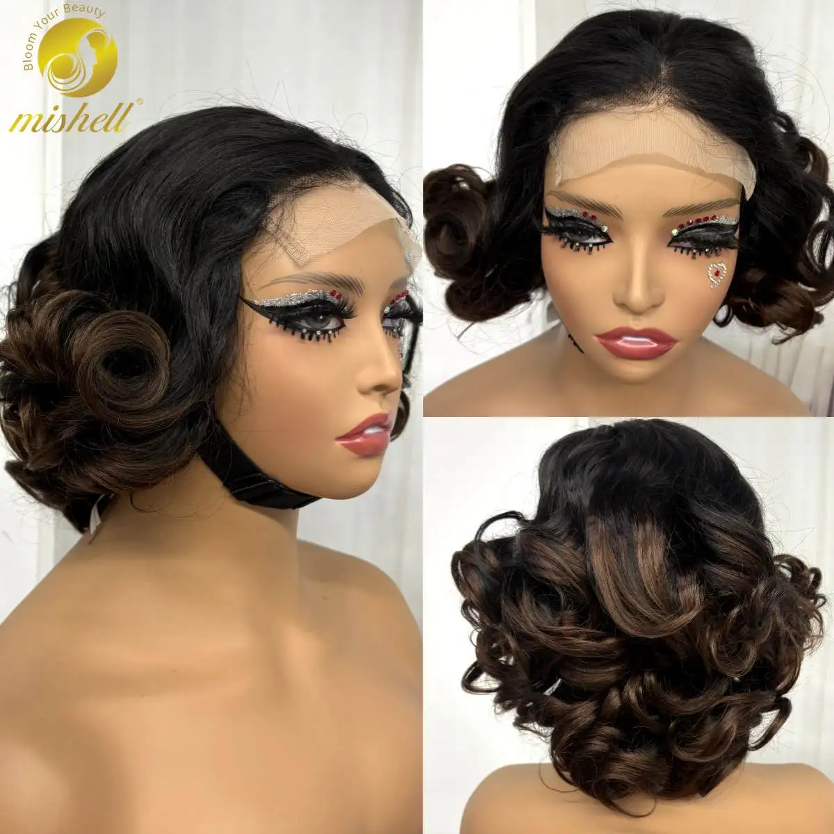 

5x5 Lace Closure Chocolate Brown Loose Fumi Human Hair Wigs 250% Density Short Bouncy Curly Wigs for Women PrePlucked Remy Hair