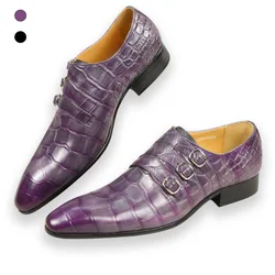 Sapatos de couro com padrão crocodilo masculino, fundo elegante, mocassins de couro puro, nova moda, roxo