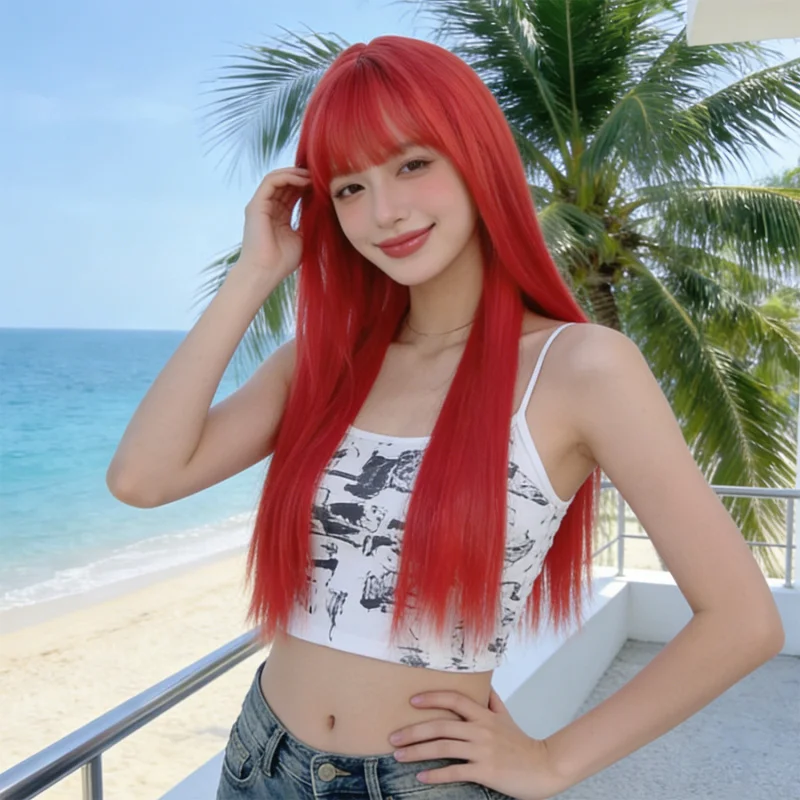 

Female group Sea Queen red air bangs long straight hair synthetic wig full headpiece for summer seaside vacation with a sweet an