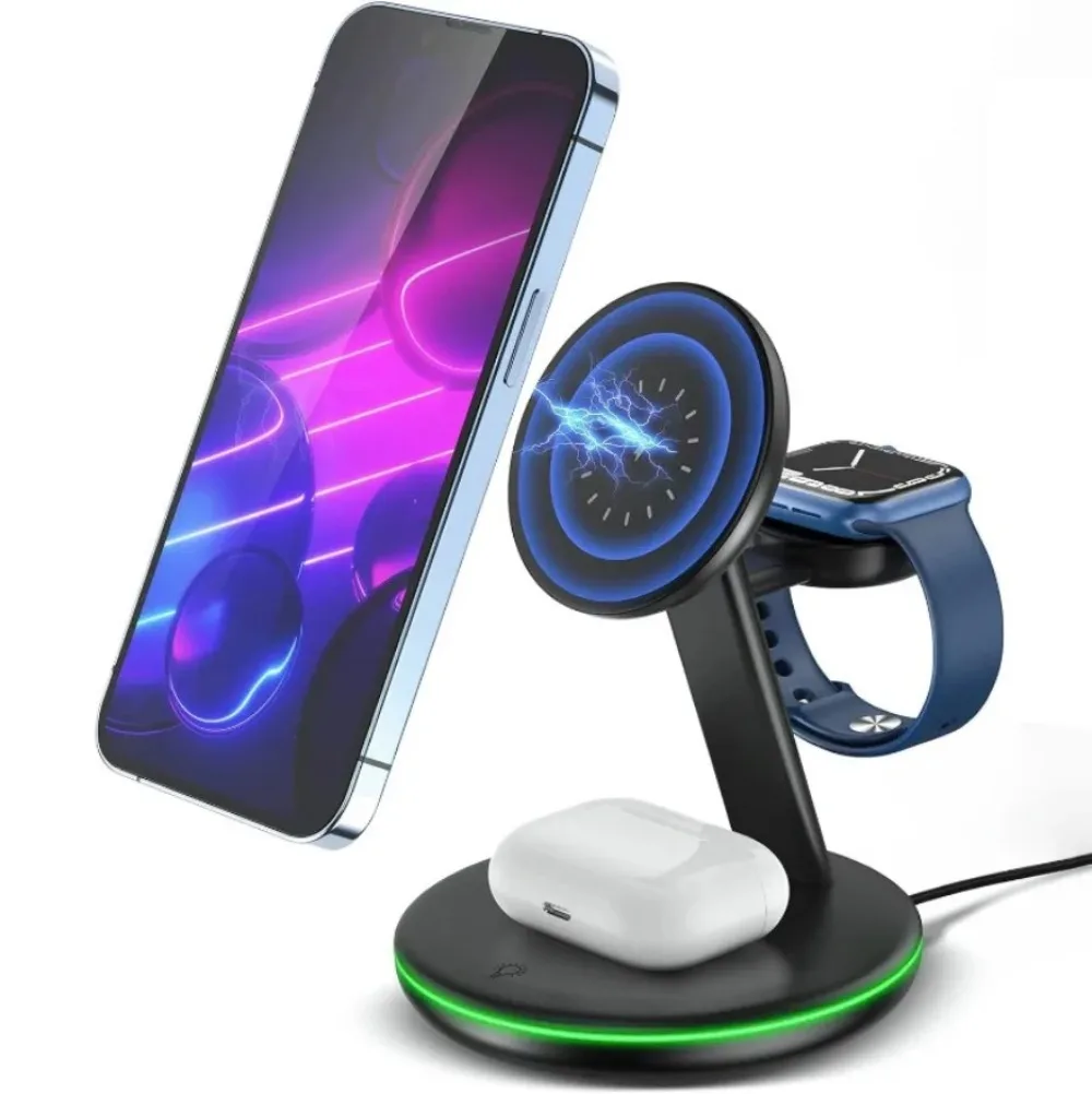 100W Magnetic Wireless Charger Stand for Macsafe iPhone 16-12 IWatch 9 8 7 6 Airpods Pro Samsung 3 in 1 Fast Charging Station