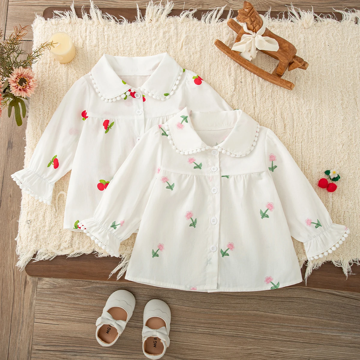Baby Girls' Top Spring And Autumn Flowers Cotton Cute Long Sleeve Girls' Top Shirt Sweet College Style Children's Shirt Baby Gir